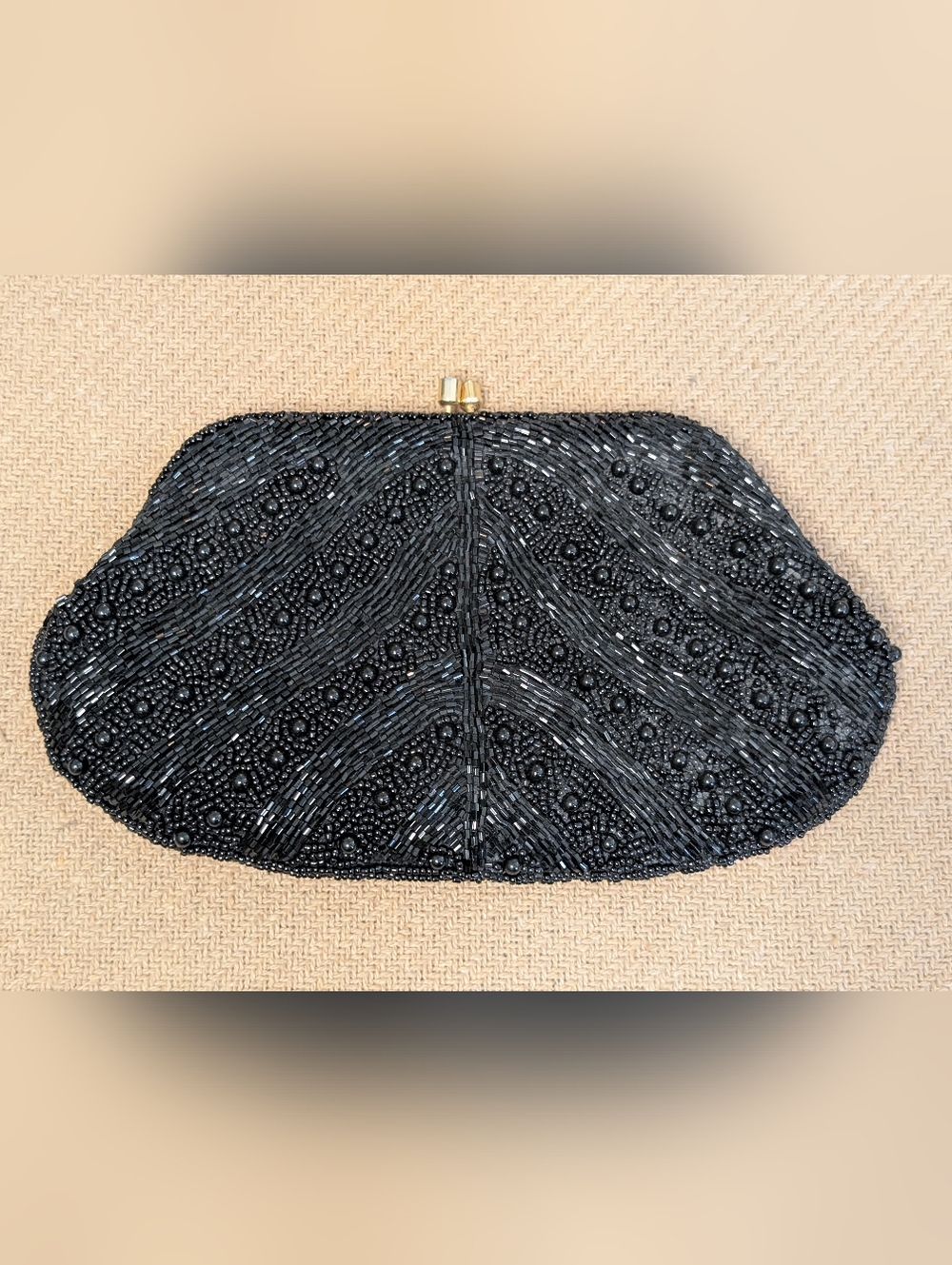 Vintage Black Beaded Clutch Purse Evening Bag Gold Metal Accents
